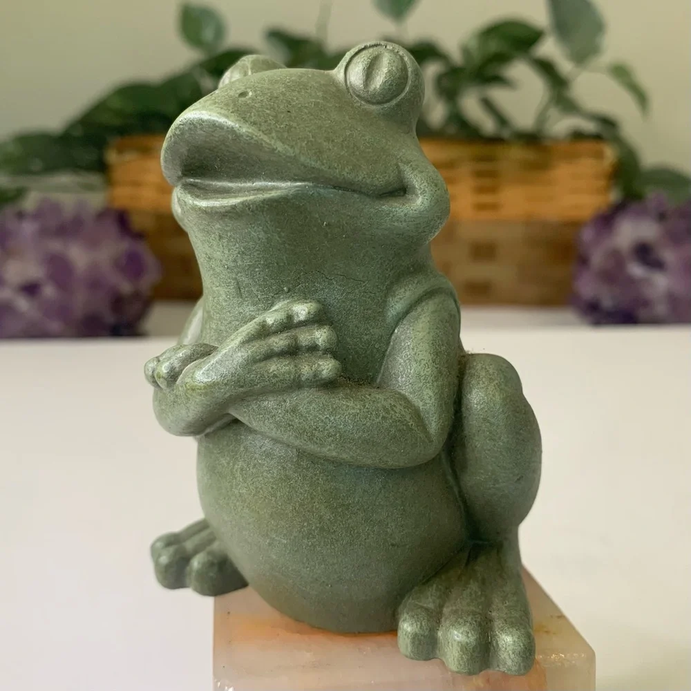 Green Frog Statue Cast Stone Garden Shelf Sitter Indoor Outdoor Figurine 3.5